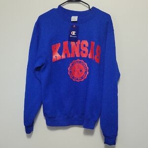 Champion Blue Crewneck Sweater with Red Kansas Print